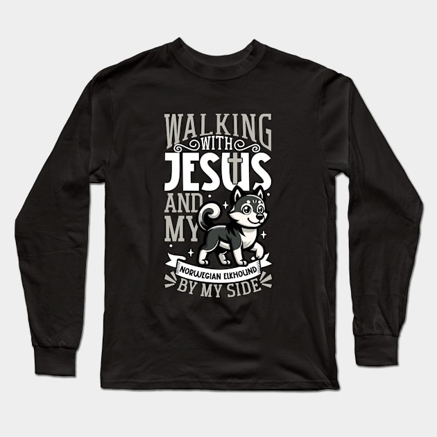 Jesus and dog - Norwegian Elkhound Long Sleeve T-Shirt by Modern Medieval Design